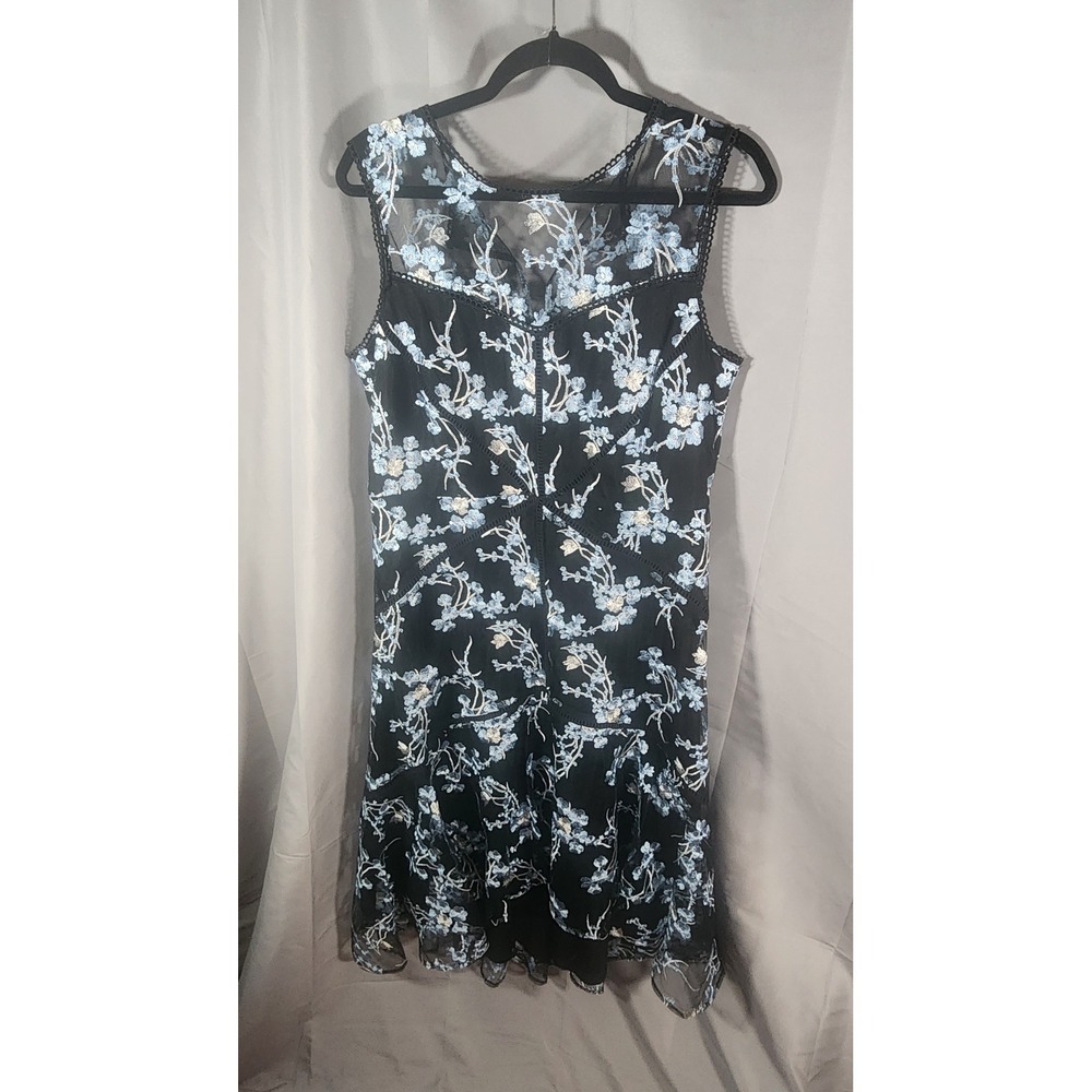 Taylor Black Blue Floral Embroidered Mesh Lace Trim Cocktail Dress Womens 14